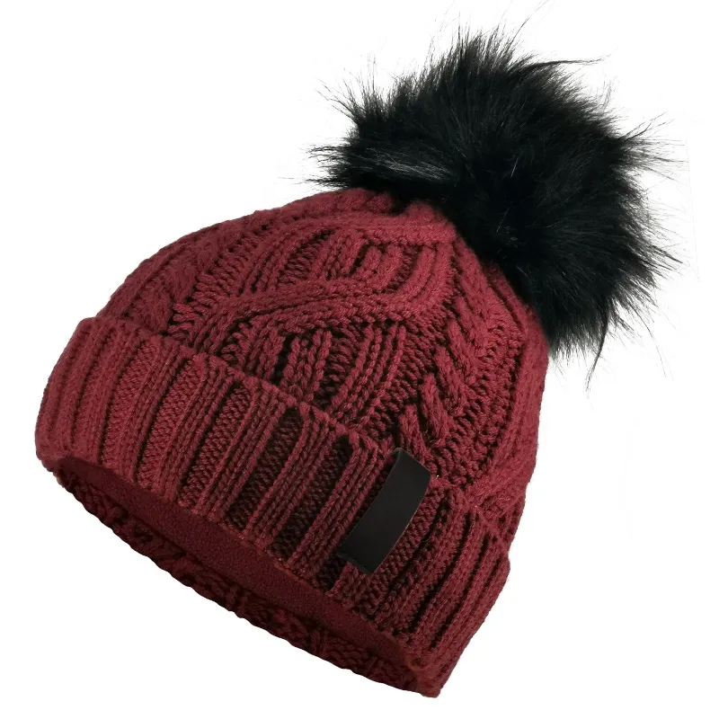 Custom Merino Wool Faux Fur POM POM Hats, Cable Knit Wool Luxury Designer Burgundy Winter Hats for Women Unisex Warmly Pompom Beanies