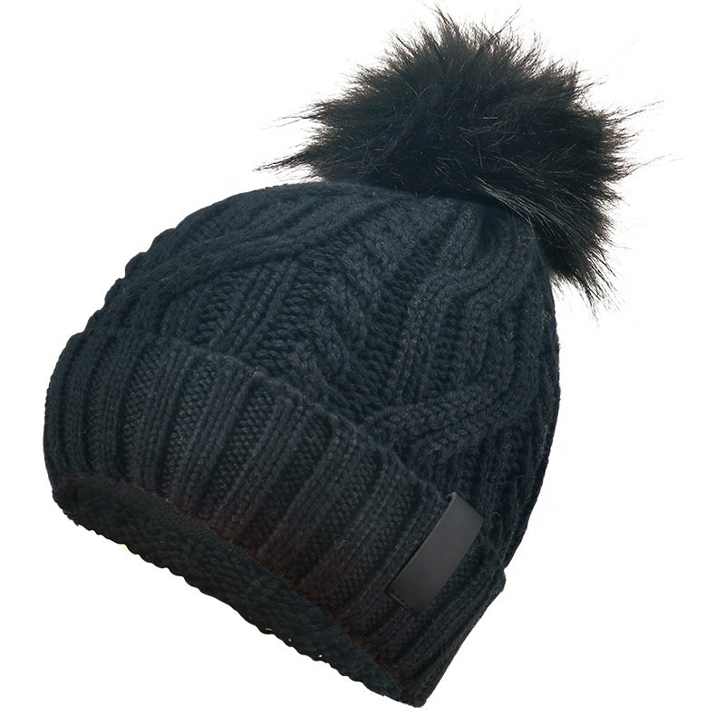 Custom Merino Wool Faux Fur POM POM Hats, Cable Knit Wool Luxury Designer Burgundy Winter Hats for Women Unisex Warmly Pompom Beanies