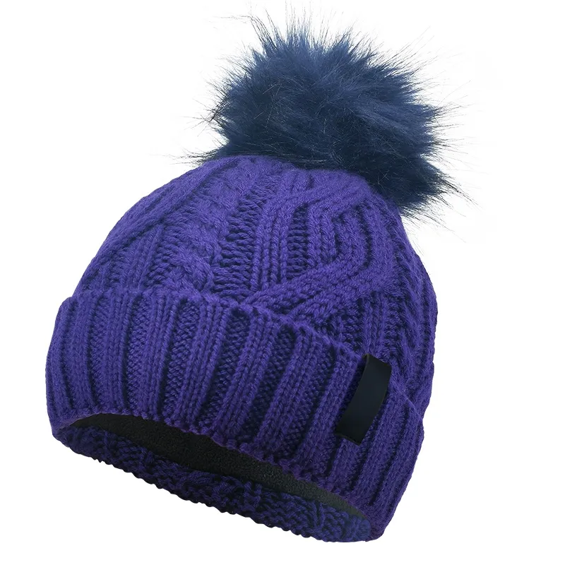 Custom Merino Wool Faux Fur POM POM Hats, Cable Knit Wool Luxury Designer Burgundy Winter Hats for Women Unisex Warmly Pompom Beanies