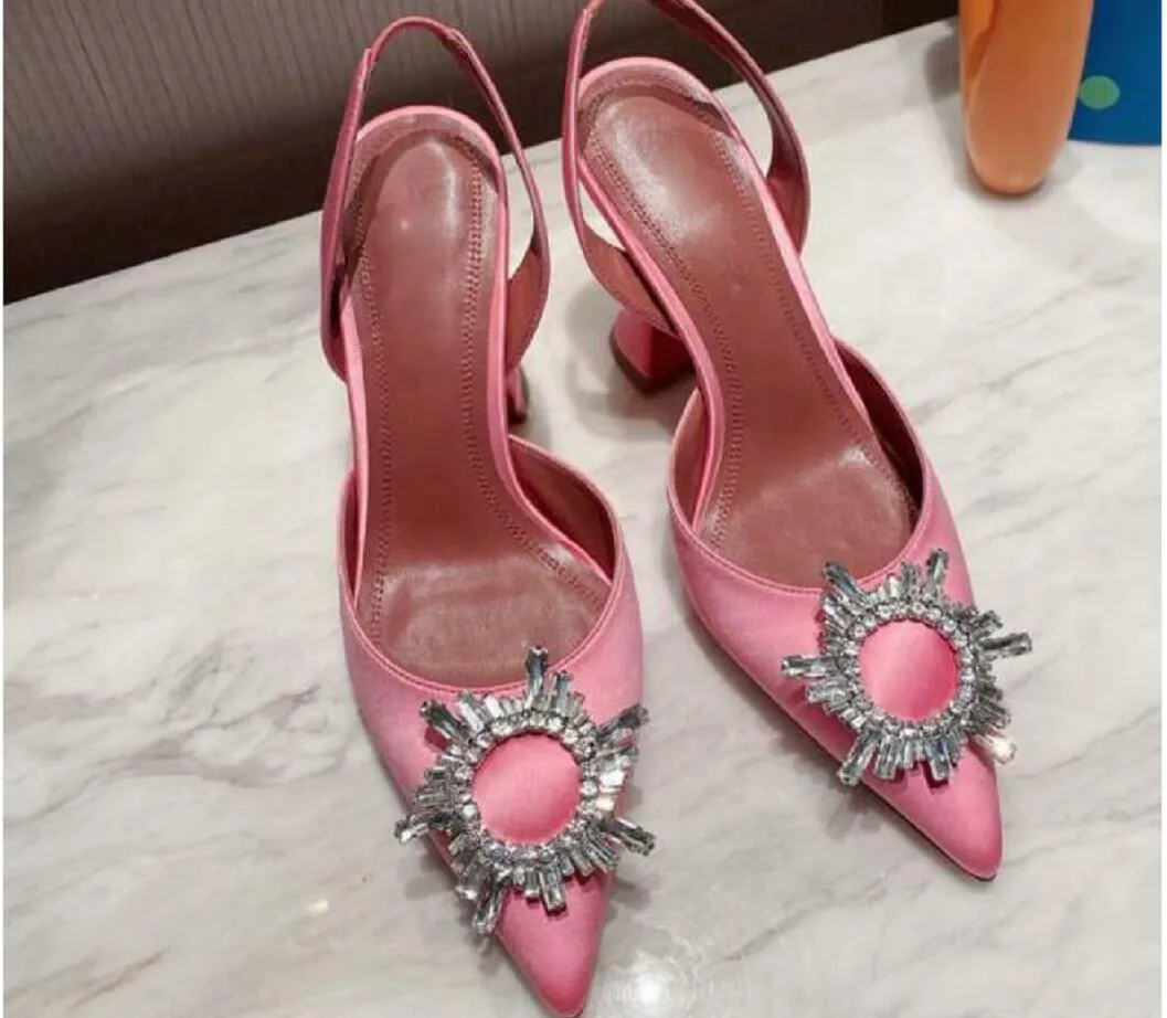 Designer Womens Sandals High Heeled Shoes Pointed Toes Black Sunflower crystal Buckle Sandals