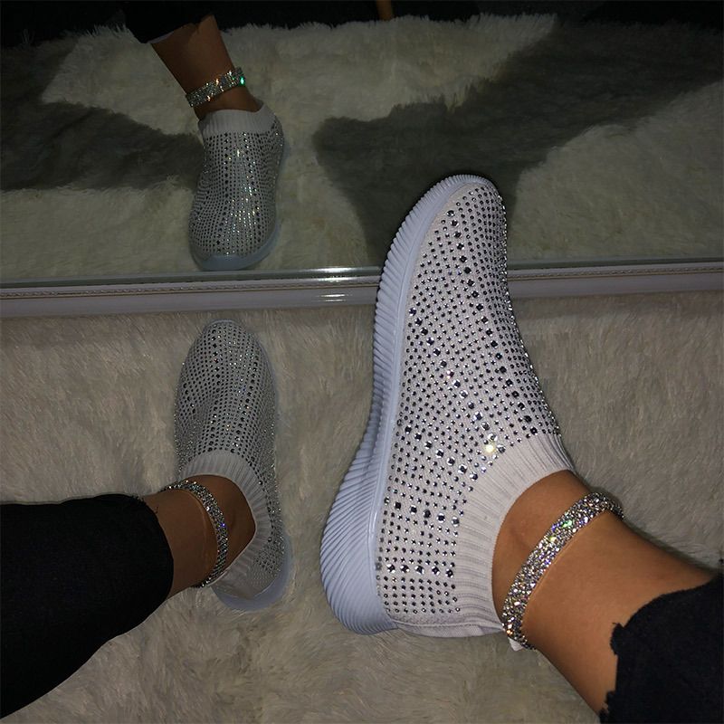 Foreign Trade Plus Size Flyknit Casual Women 2020 Fashion Women Shoes Wild Sports Shoes Flat Bottom Running Shoes with Rhinestone