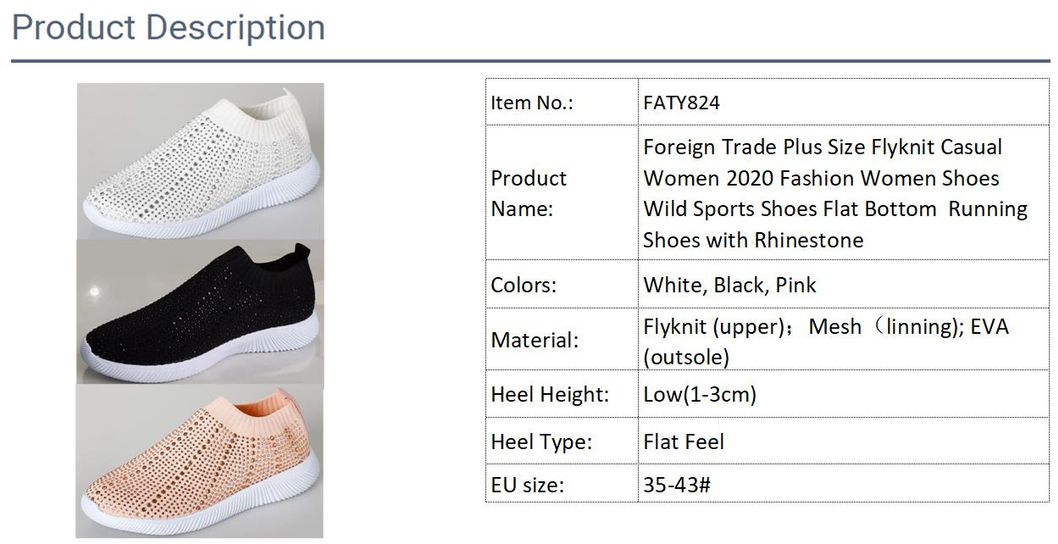 Foreign Trade Plus Size Flyknit Casual Women 2020 Fashion Women Shoes Wild Sports Shoes Flat Bottom Running Shoes with Rhinestone