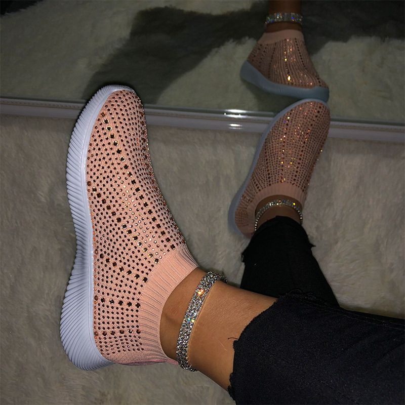 Foreign Trade Plus Size Flyknit Casual Women 2020 Fashion Women Shoes Wild Sports Shoes Flat Bottom Running Shoes with Rhinestone