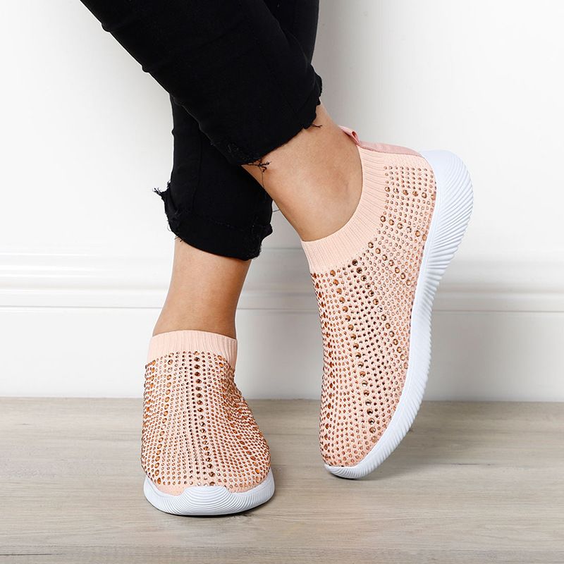 Foreign Trade Plus Size Flyknit Casual Women 2020 Fashion Women Shoes Wild Sports Shoes Flat Bottom Running Shoes with Rhinestone
