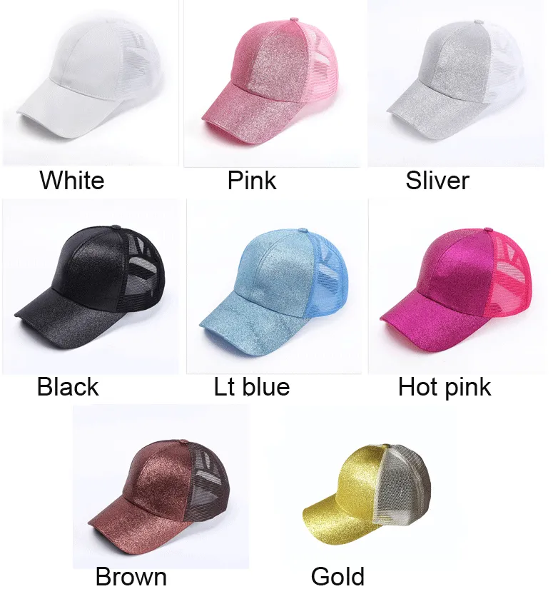 Gradient Colour Messy High Bun Adjustable Color Changing Glitter Bling Hat Criss Cross Mesh Ponytail Cap
