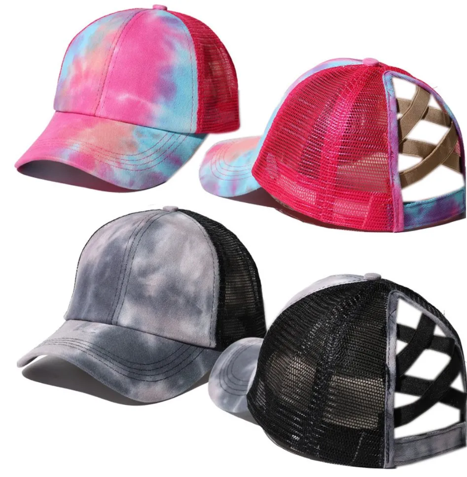 Gradient Colour Messy High Bun Adjustable Color Changing Glitter Bling Hat Criss Cross Mesh Ponytail Cap