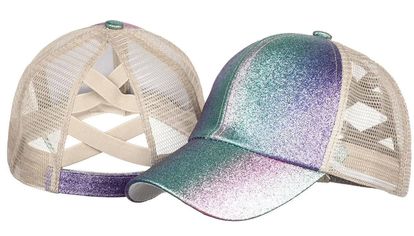 Gradient Colour Messy High Bun Adjustable Color Changing Glitter Bling Hat Criss Cross Mesh Ponytail Cap