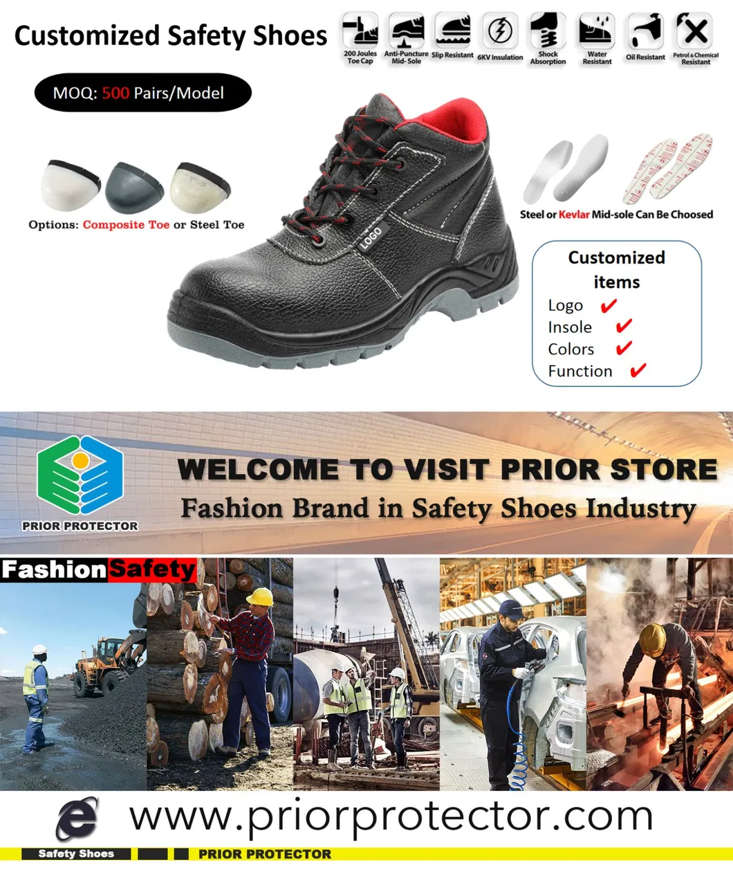Industrial Slip on Steel Toe High Cut Safety Shoes for Men 1 Pair