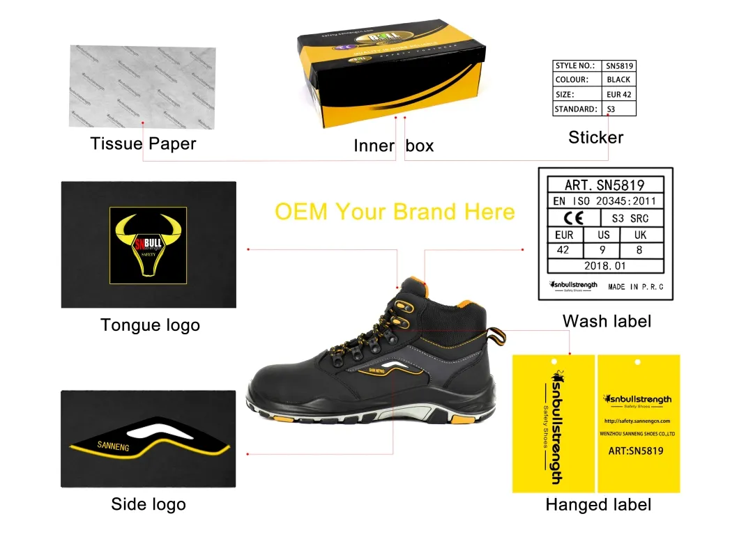 S1p China Factory Men/Women Basic Embossed Leather Safety Shoes Hot Selling Industrial Work Footwear Steel Toe PU Injection Shoes Best Quality Sn1358