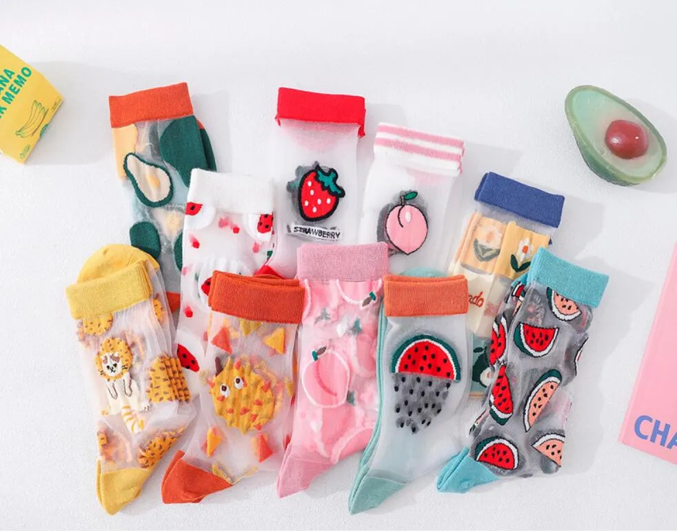 Women Fishnet Lace Sheer Mesh Transparent Cute Fruits Socks Girls Clear Tulle Ankle Crew Socks