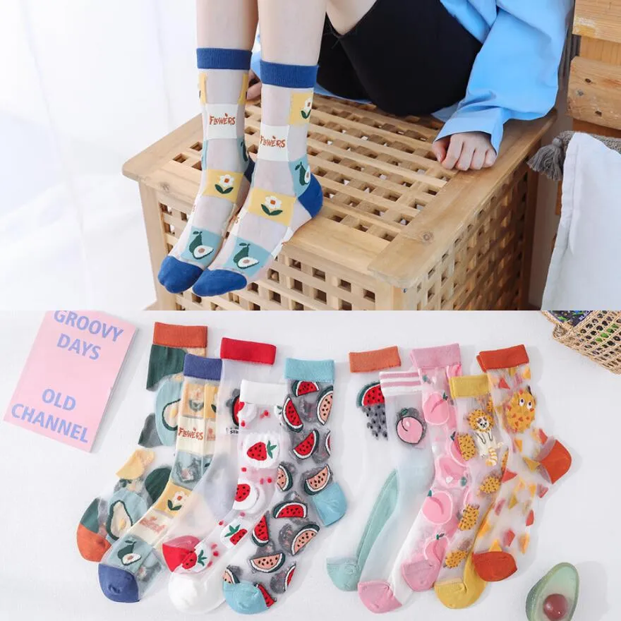 Women Fishnet Lace Sheer Mesh Transparent Cute Fruits Socks Girls Clear Tulle Ankle Crew Socks