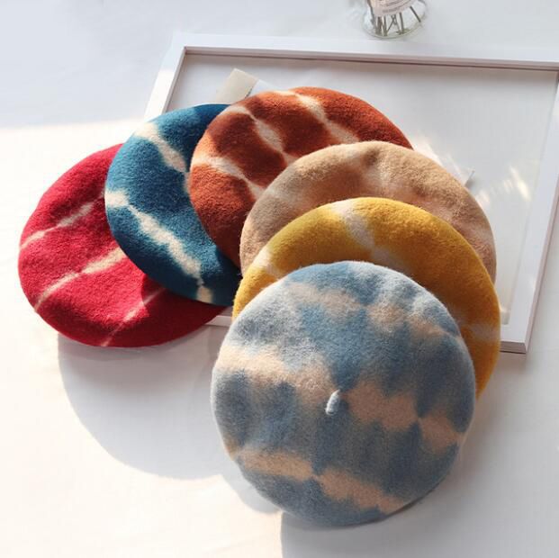 Wool Women Beret Custom Artist Hat Tie Dye Beanie Cap French Beret for Lady Adulit